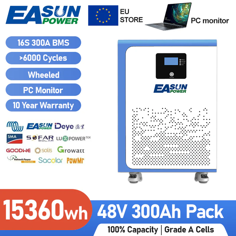 EASUN 51.2V 300Ah Modular LiFePO₄ Heimspeicher – 15.36 kWh, 6000 Zyklen, EU-Lager