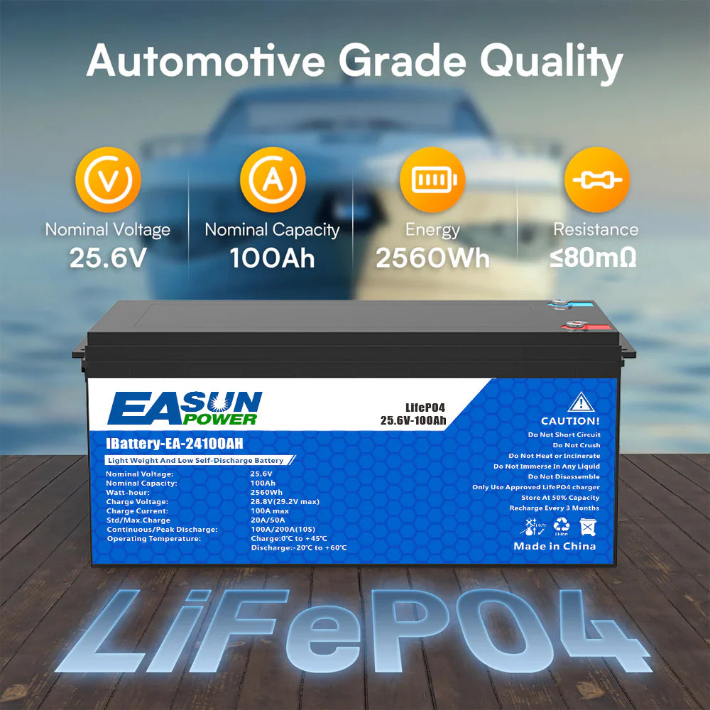 EASUN 24V 100Ah LiFePO4 Batterie – 2,56 kWh, 6000+ Zyklen, Elektro-Außenborder/Wohnmobil/Solar