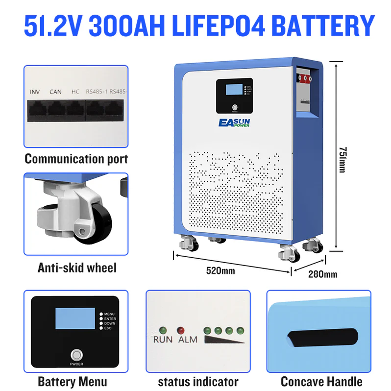 EASUN 51.2V 300Ah Modular LiFePO₄ Heimspeicher – 15.36 kWh, 6000 Zyklen, EU-Lager