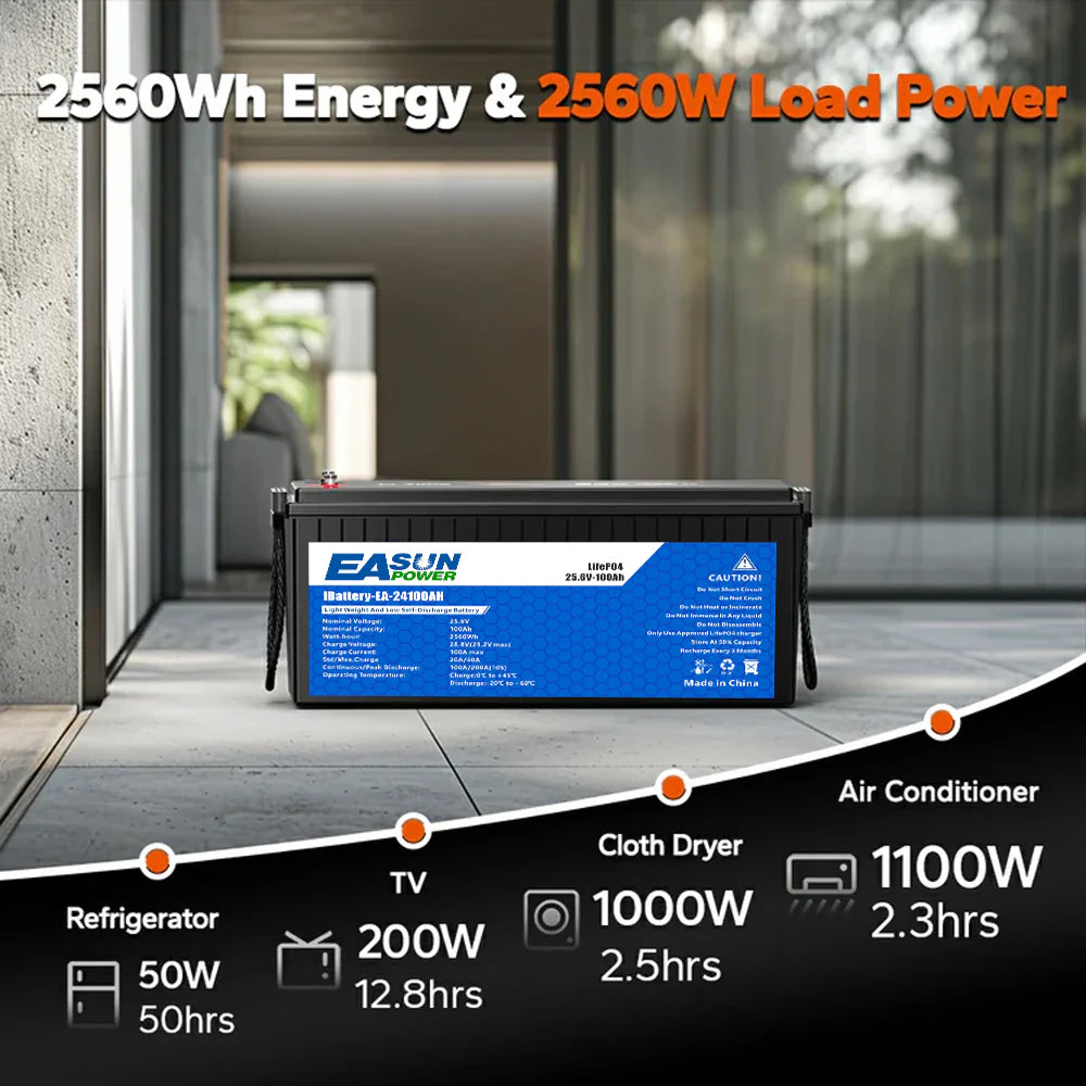 EASUN 24V 100Ah LiFePO4 Batterie – 2,56 kWh, 6000+ Zyklen, Elektro-Außenborder/Wohnmobil/Solar