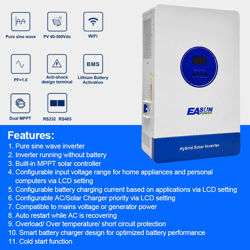 EASUN 11 kW Off-Grid Hybrid-Inverter – Dual-MPPT 160A, BMS & WLAN-Monitoring