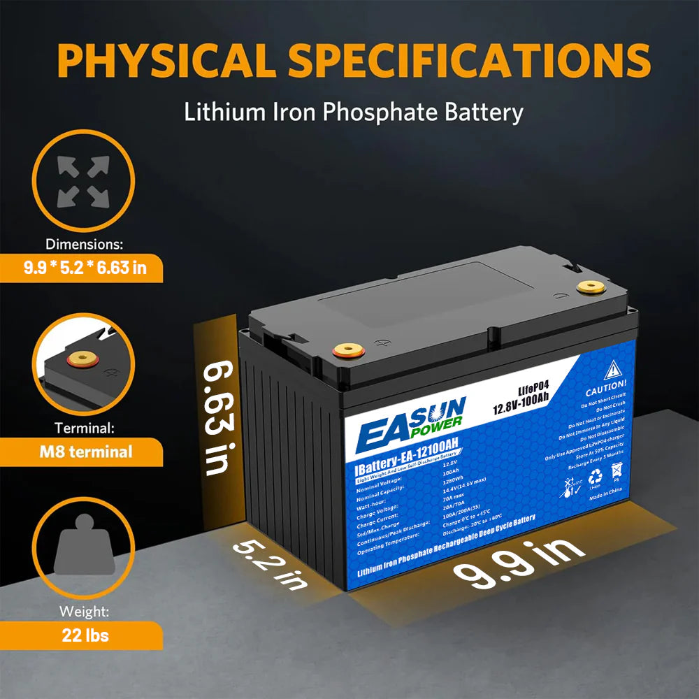 EASUN 12V 100Ah LiFePO4 Wohnmobil/Boot Batterie – 1280 Wh, Group 24, 6000 Zyklen