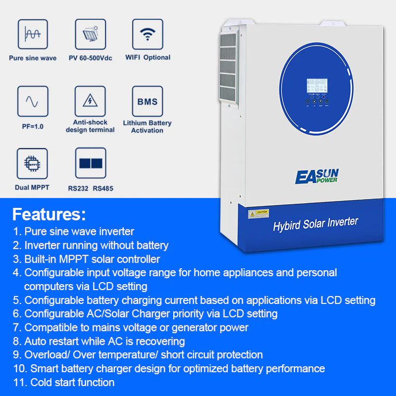 EASUN 11 kW Off-Grid Hybrid-Inverter – Dual-MPPT 160A, BMS & WLAN-Monitoring