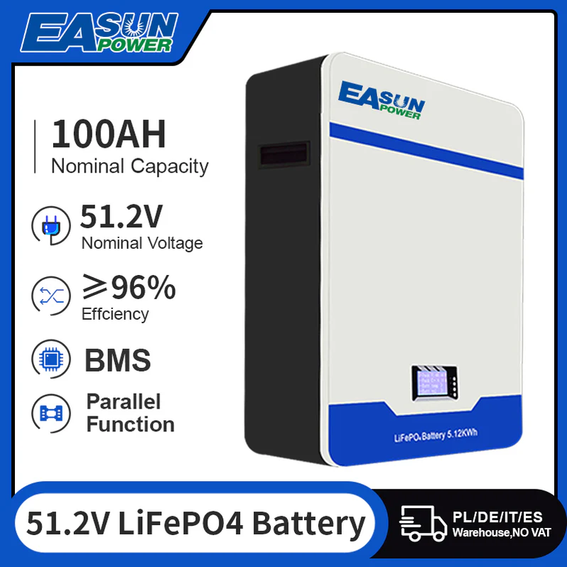 EASUN 51.2V 100Ah LiFePO4 Wandmontage Akku – 5 kW Output, 6000+ Zyklen, EU-Versand