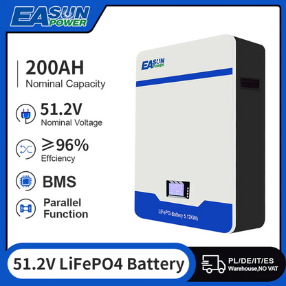 EASUN 51.2V 200Ah LiFePO4 Wall-Mounted – 10.24 kWh, 6000+ Zyklen, erweiterbar