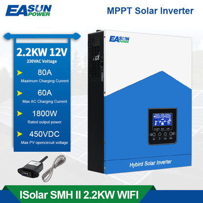 2.2KW Hybrid Solar Wechselrichter 24V mit MPPT 80A, 230V Ausgang, bis 450VDC PV, WLAN integriert - Easunpower