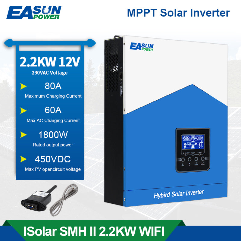 2.2KW Hybrid Solar Wechselrichter 24V mit MPPT 80A, 230V Ausgang, bis 450VDC PV, WLAN integriert - Easunpower