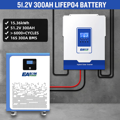 EASUN 51.2V 300Ah Modular LiFePO₄ Heimspeicher – 15.36 kWh, 6000 Zyklen, EU-Lager