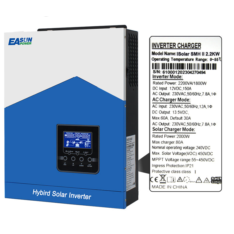 2.2KW Hybrid Solar Wechselrichter 24V mit MPPT 80A, 230V Ausgang, bis 450VDC PV, WLAN integriert - Easunpower